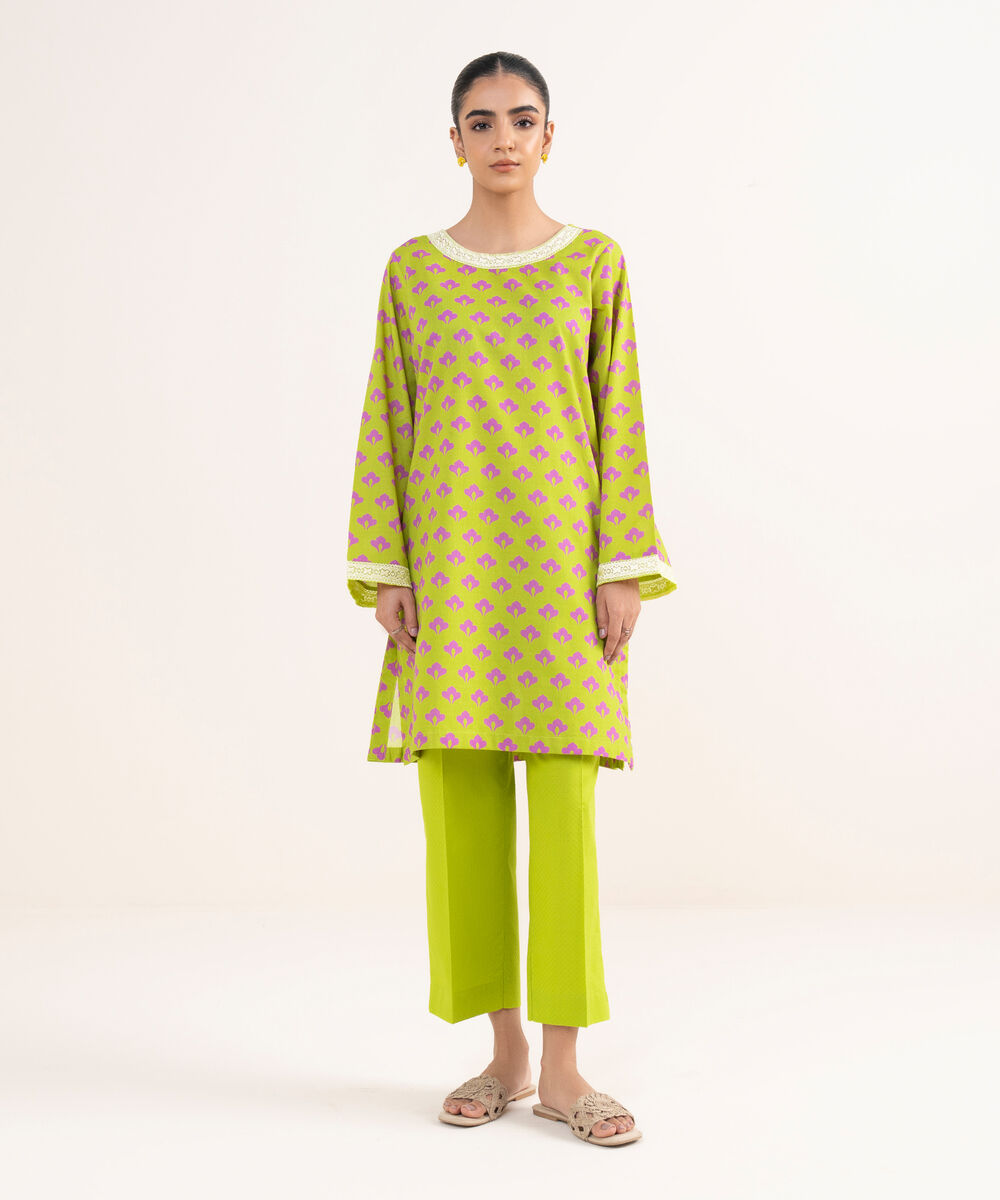 Women's RTW Textured Lawn Green Embroidered Straight Shirt