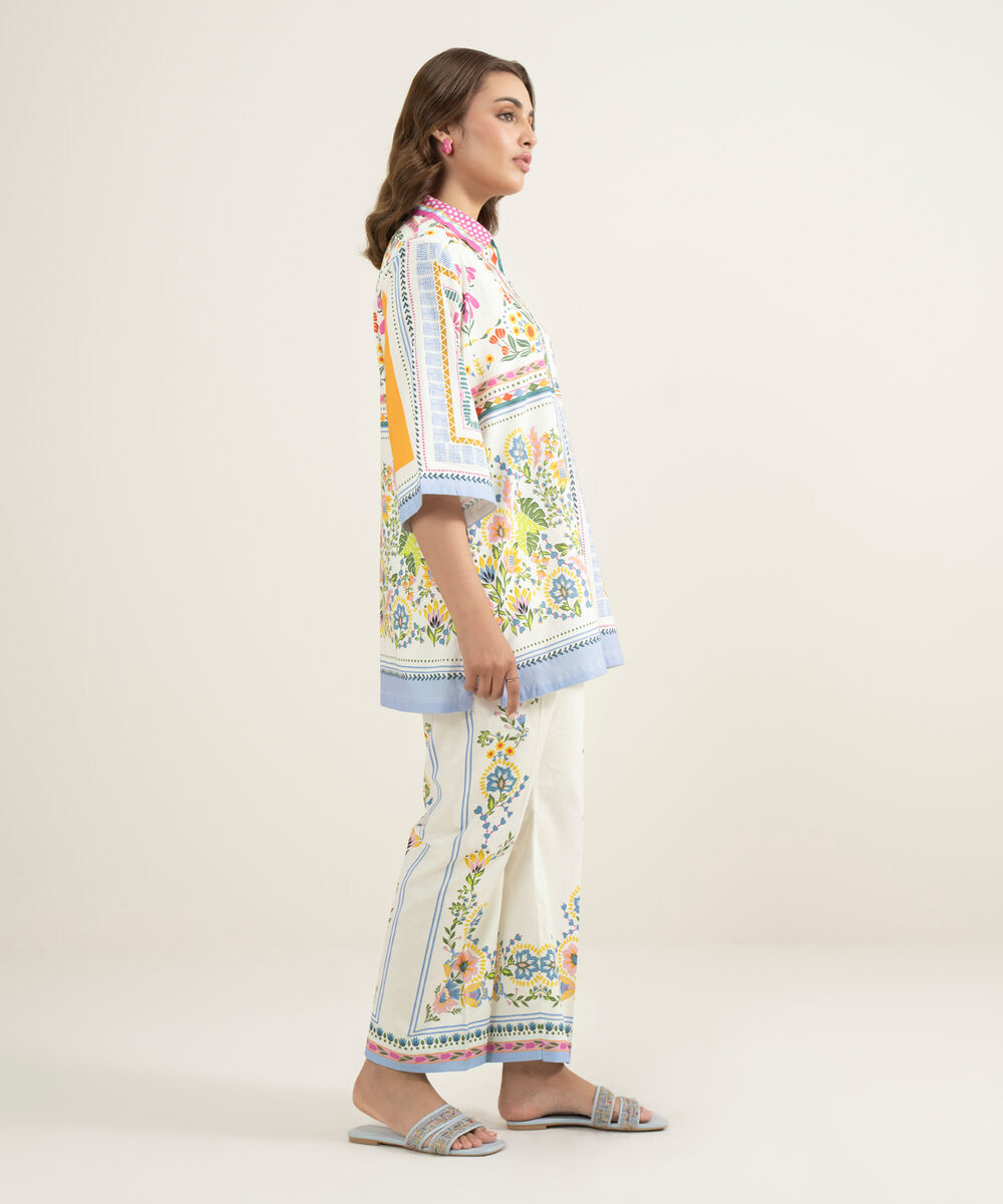 Women's RTW Cambric Printed Off White Straight Pants