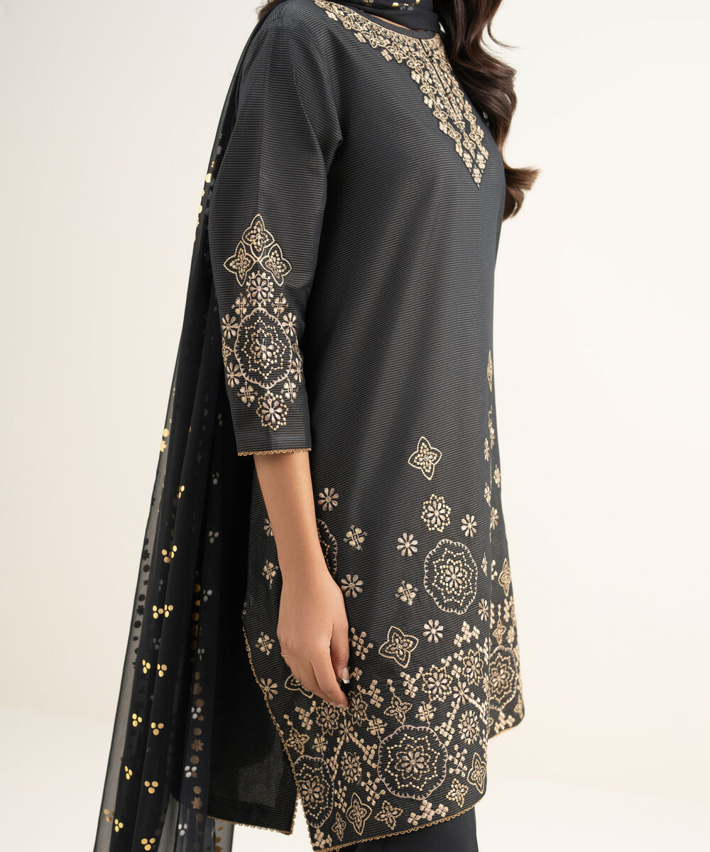 Women's Unstitched Zari Lawn Embroidered Black 3 Piece Suit