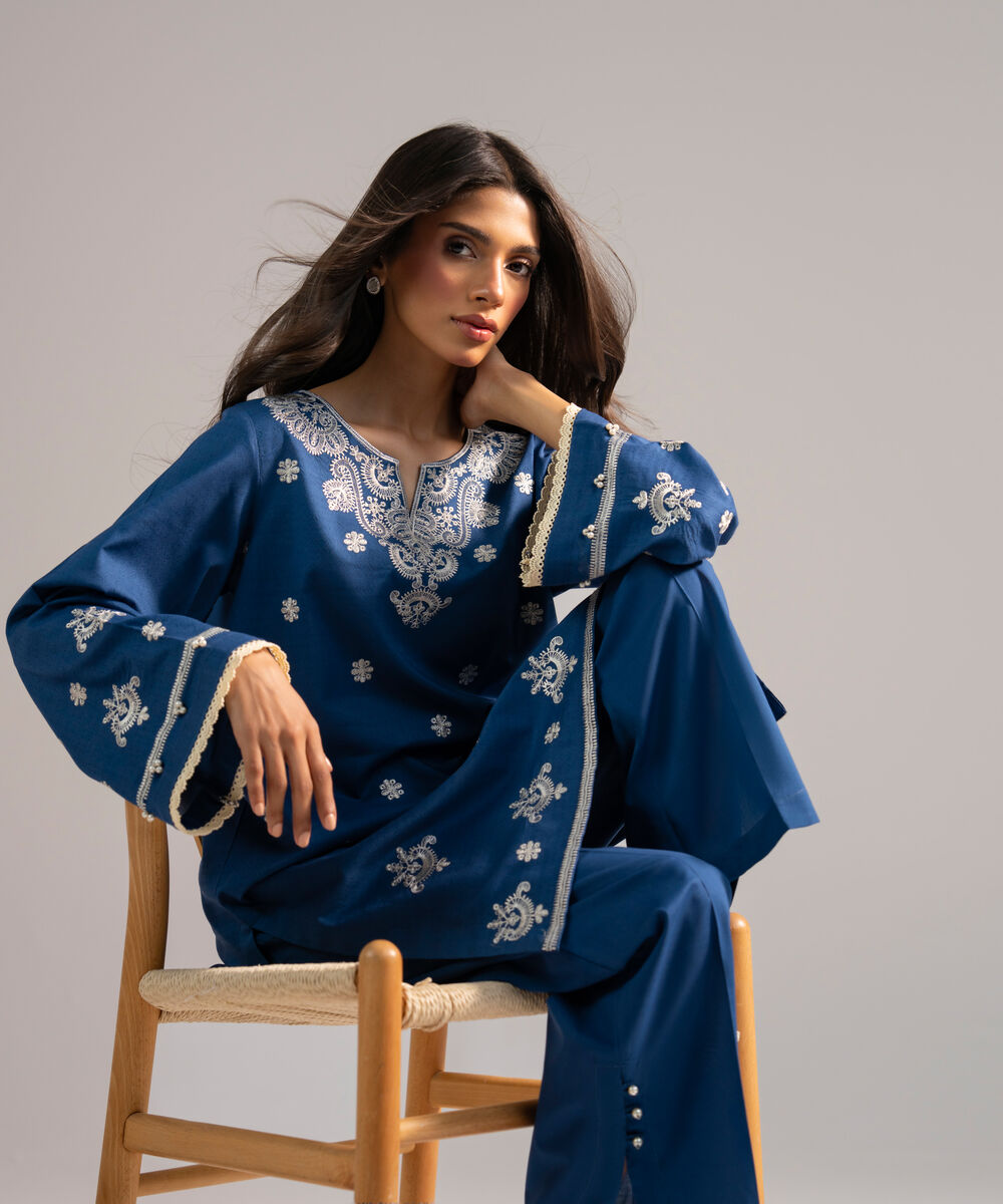 Women's RTW Dobby Embroidered Dark Blue Straight Shirt