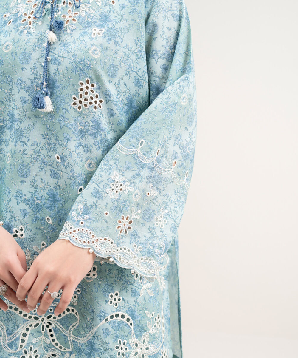 Women's RTW Zari Cotton Embroidered Blue Straight Shirt