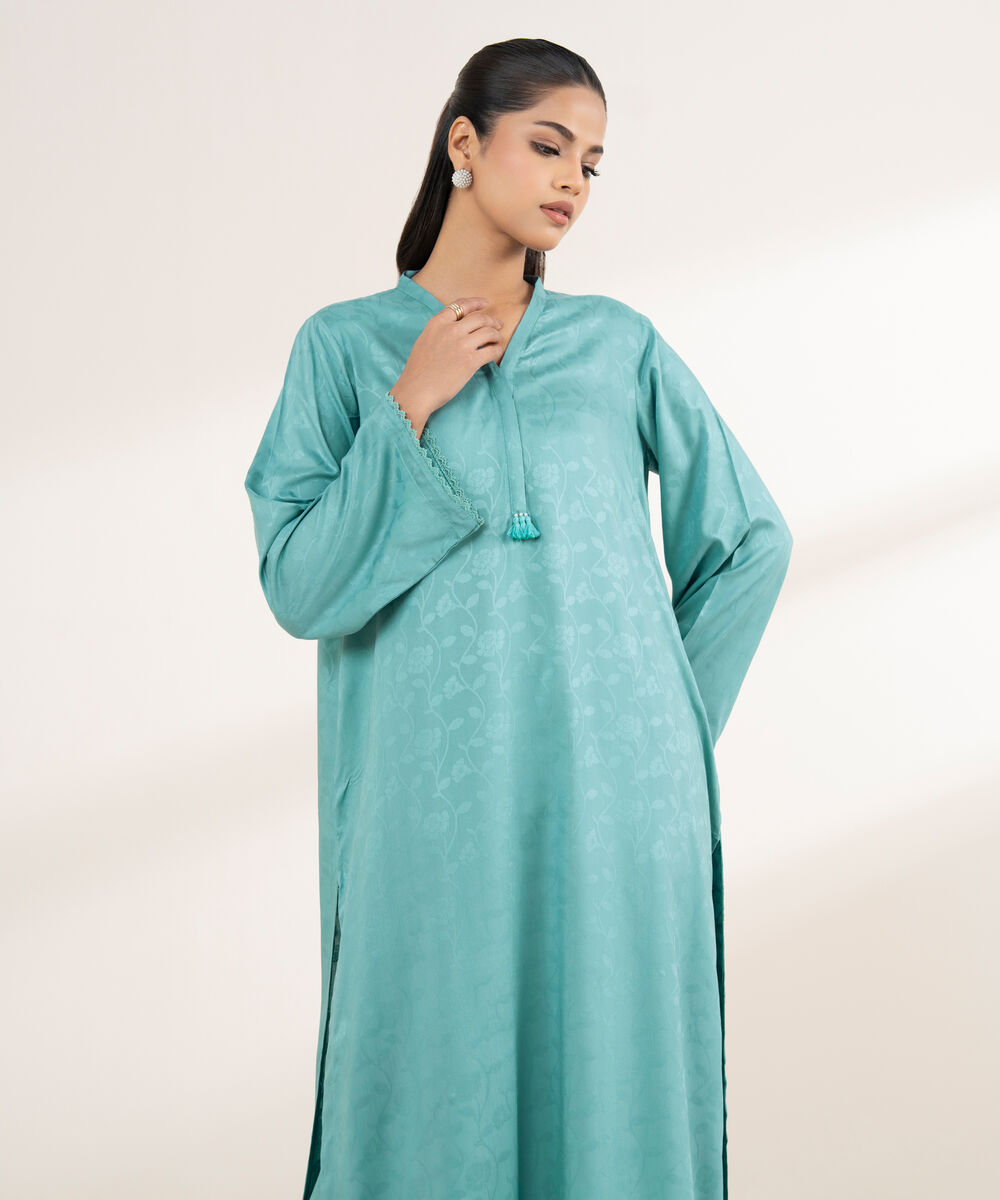 Women's RTW Arabic Self Jacquard Blue Solid A-Line Shirt