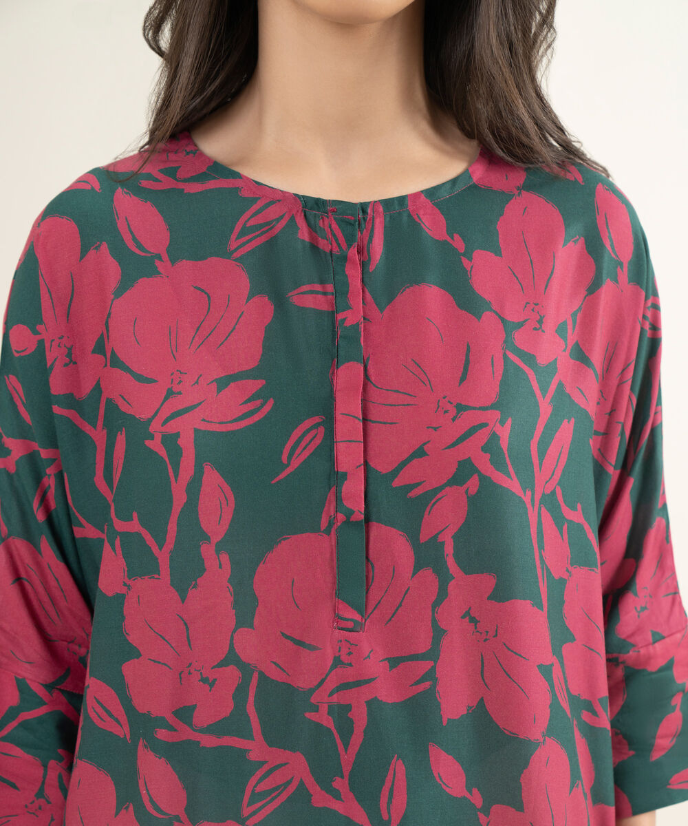 Women's RTW Arabic Cambric Printed Green Drop Shoulder Shirt