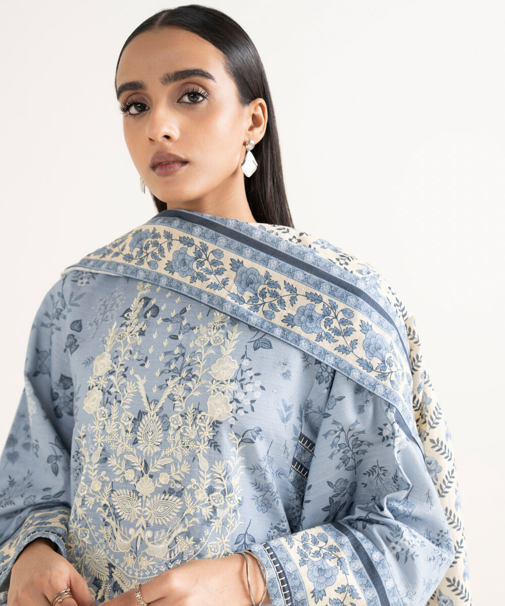 Women's Unstitched Cotton Embroidered Blue 2 Piece Suit