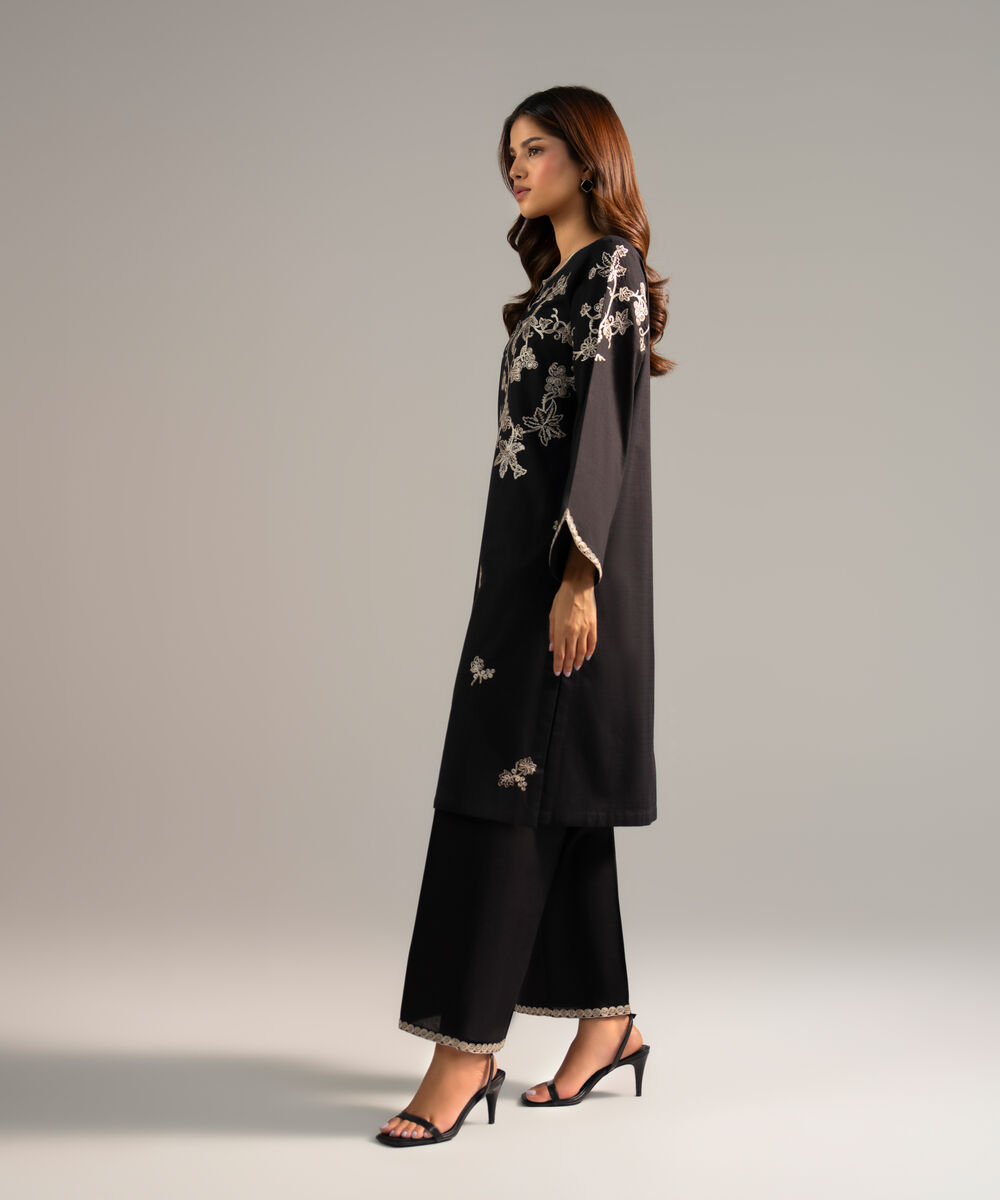 Women's RTW Dobby Embroidered Black Straight Shirt