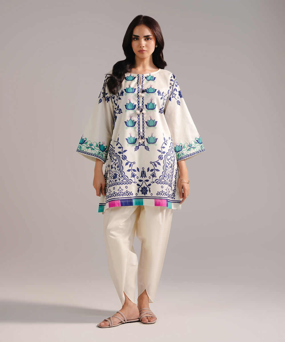 Women's RTW Cambric Printed Off White Straight Shirt