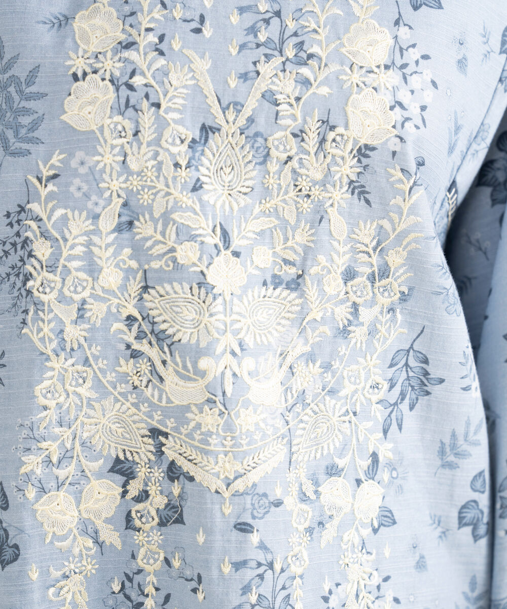 Women's Unstitched Cotton Embroidered Blue 2 Piece Suit