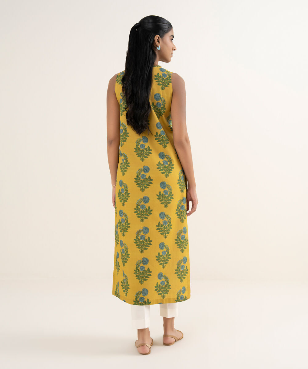 Women's Unstitched Cotton Printed Yellow Shirt