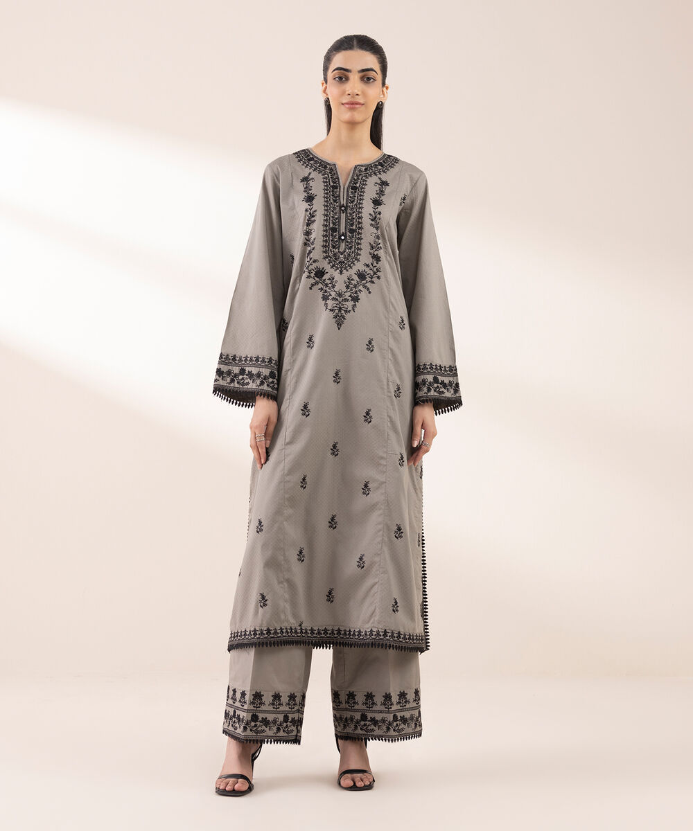 Women's RTW Dobby Grey Embroidered A-Line Shirt