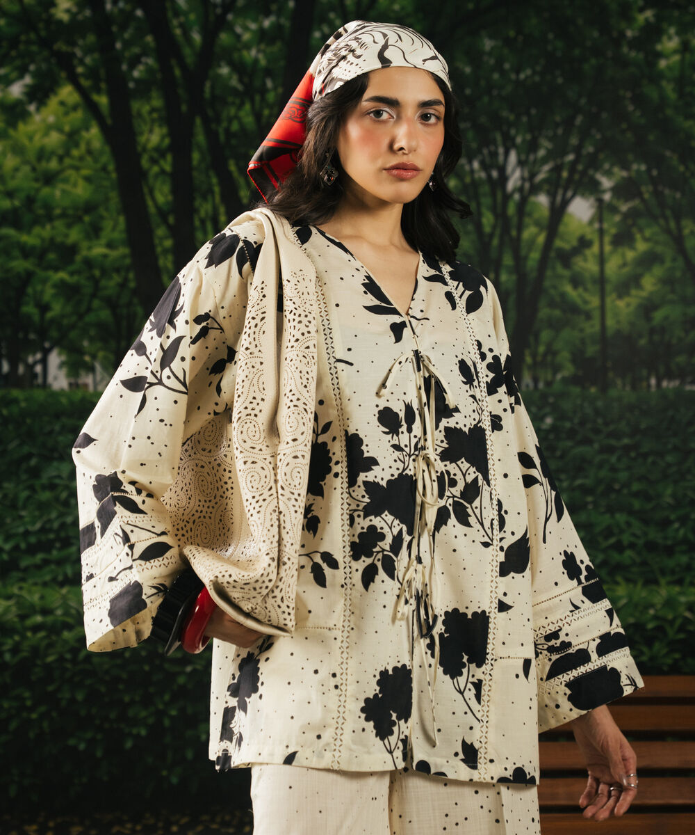 Women's RTW Slub Lawn Printed White Drop Shoulder Shirt