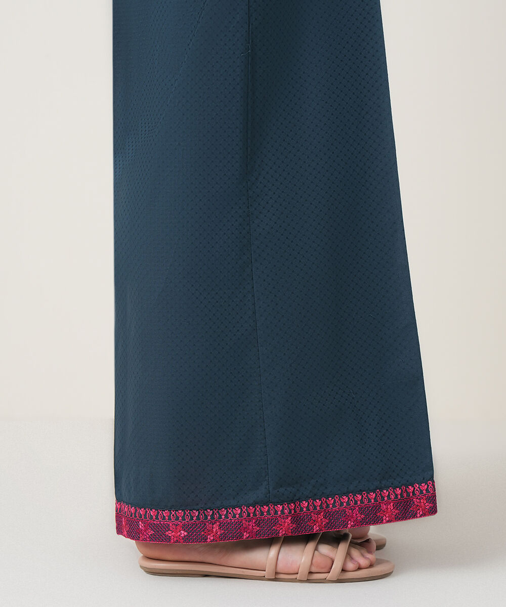 Women's RTW Textured Cotton Blue Embroidered Trousers