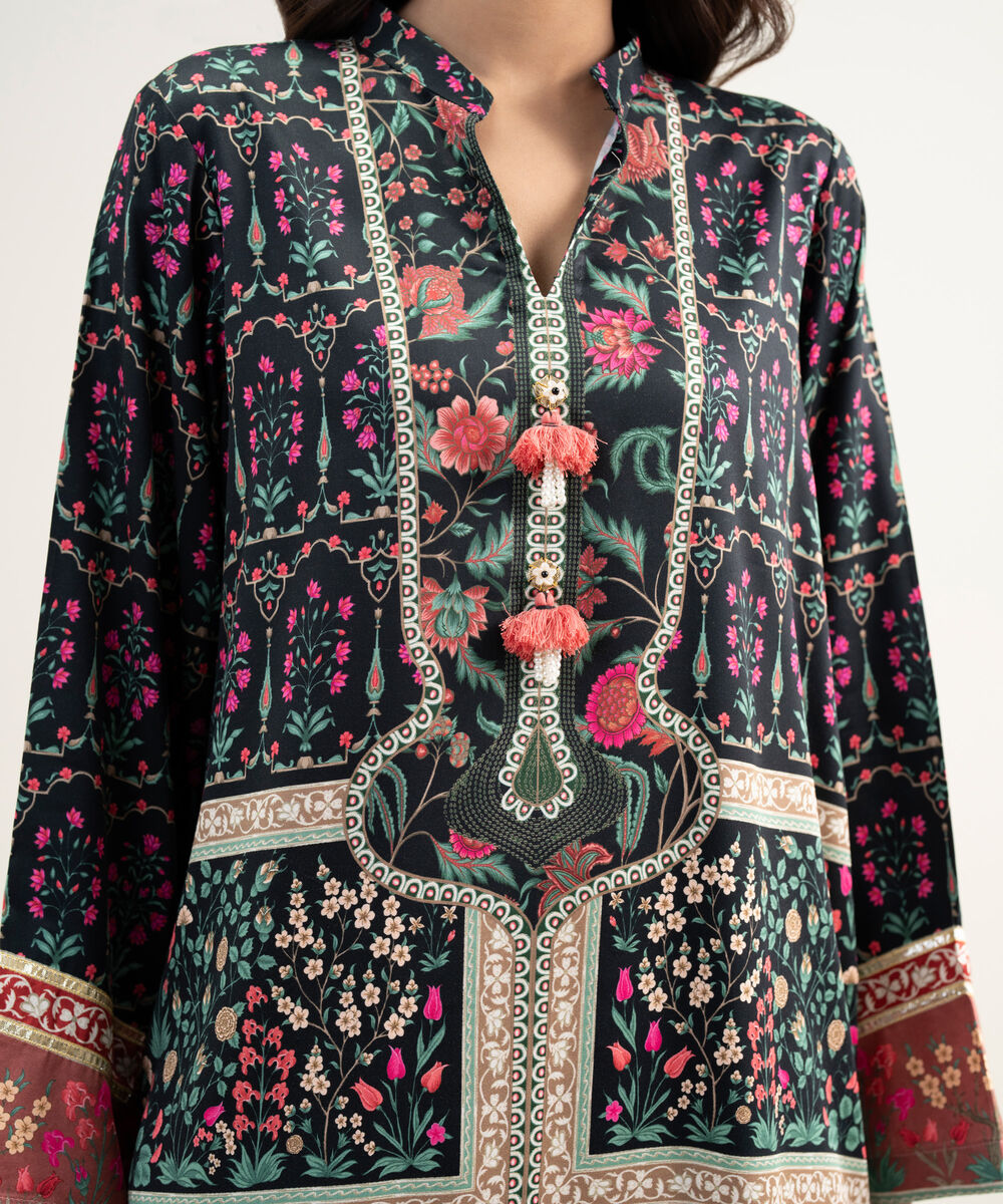 Women's RTW Premium Visocose Satin Printed Black Straight Shirt