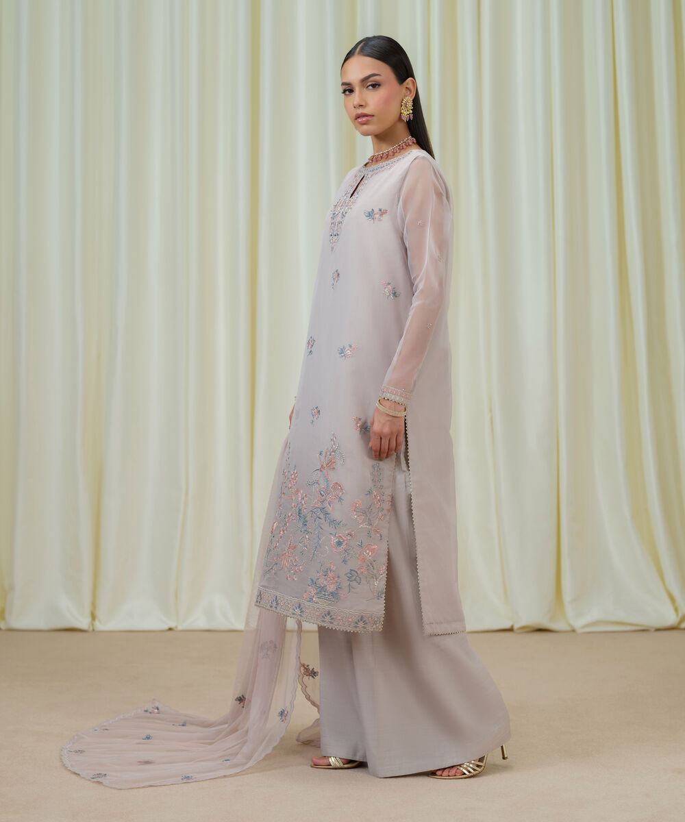 Women's Unstitched Blended Organza Embroidered Grey 3 Piece Suit