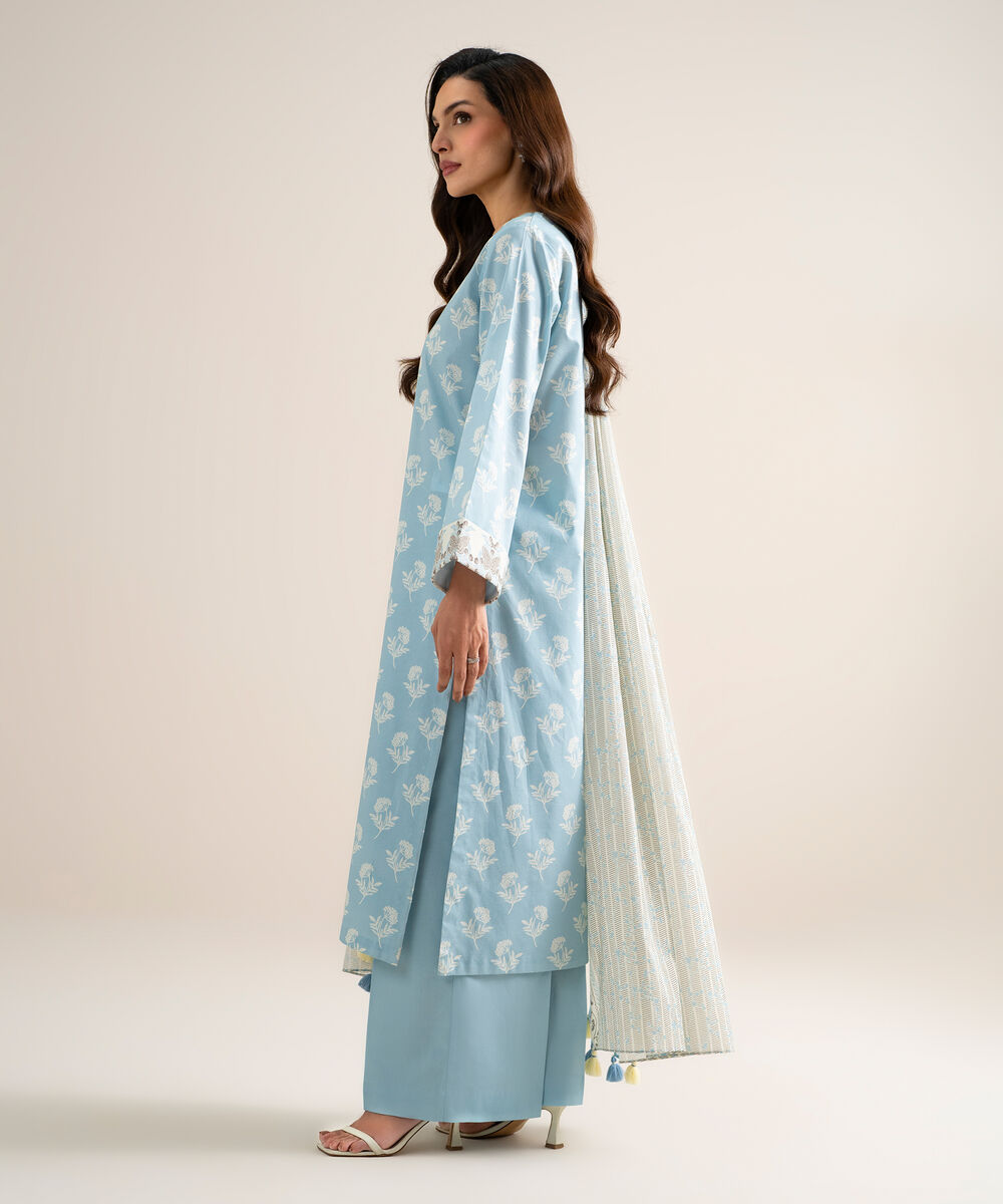 Women's Unstitched Lawn Printed Blue  3 Piece Suit