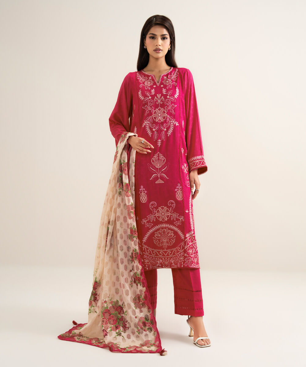 Women's RTW Arabic Self Jacquard Embroidered Pink A-Line Shirt