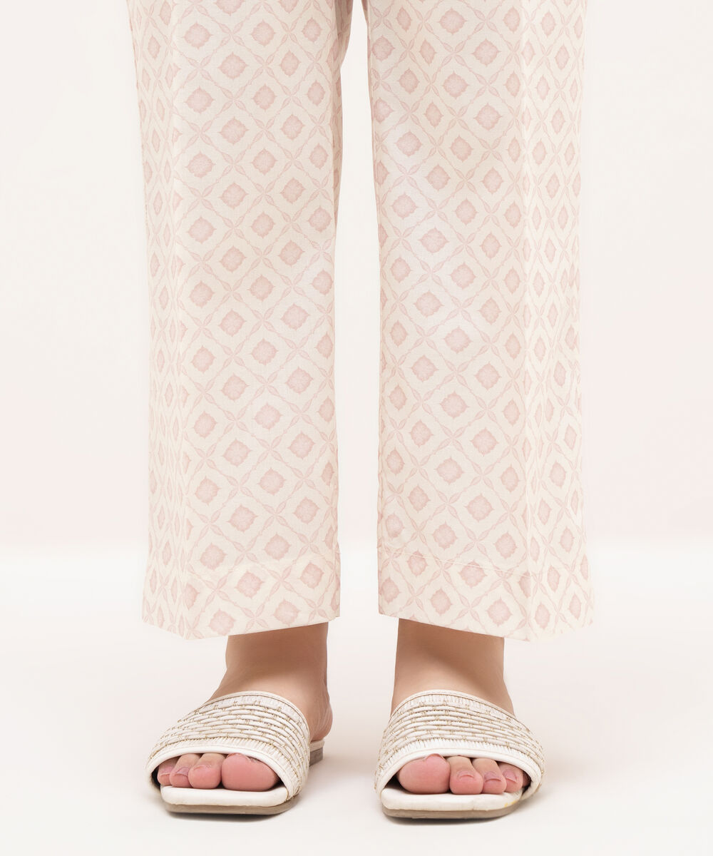 Women's RTW Cambric Off White Printed Straight Pants