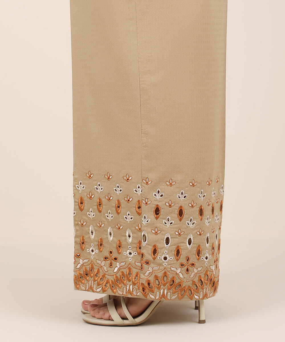 Women's RTW Textured Cotton Brown Embroidered Flared Pants