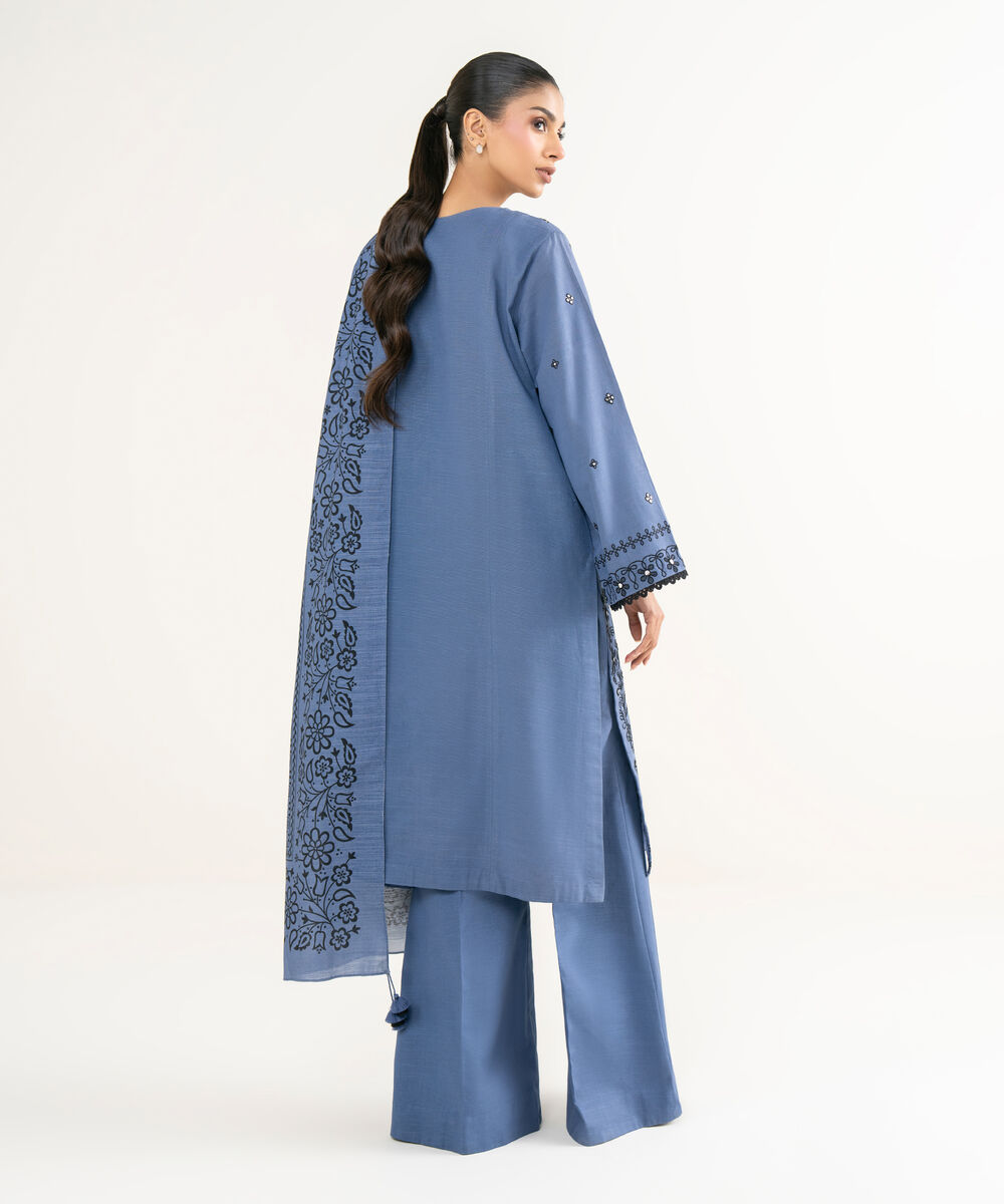 Women's Unstitched Cotton Embroidered Blue 3 Piece Suit