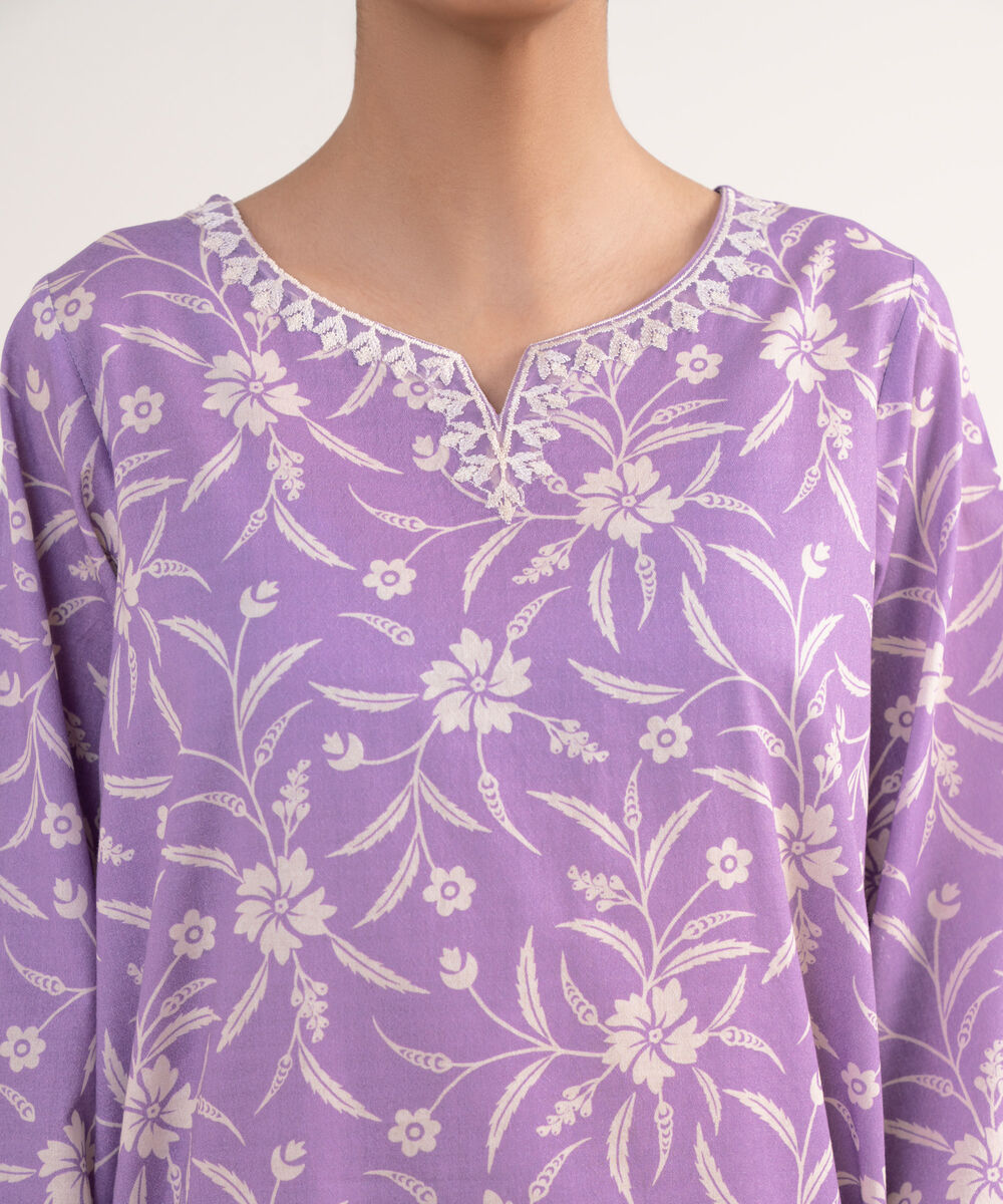 Women's RTW Textured Lawn Purple Embroidered A-Line Shirt