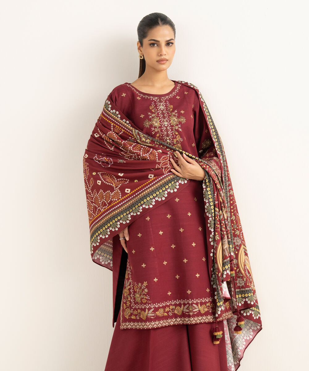 Women's Unstitched Light Khaddar Embroidered Red 3 Piece Suit