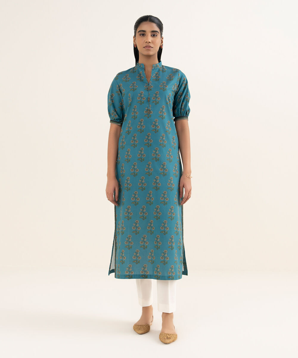 Women's Unstitched Cotton Printed Blue Shirt