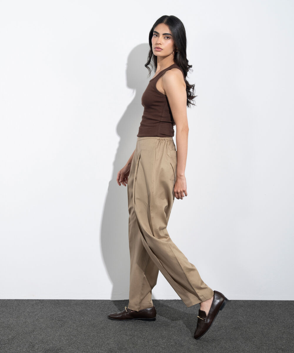 Women's Western Sand Pleated Barrel Linen Blend Trousers