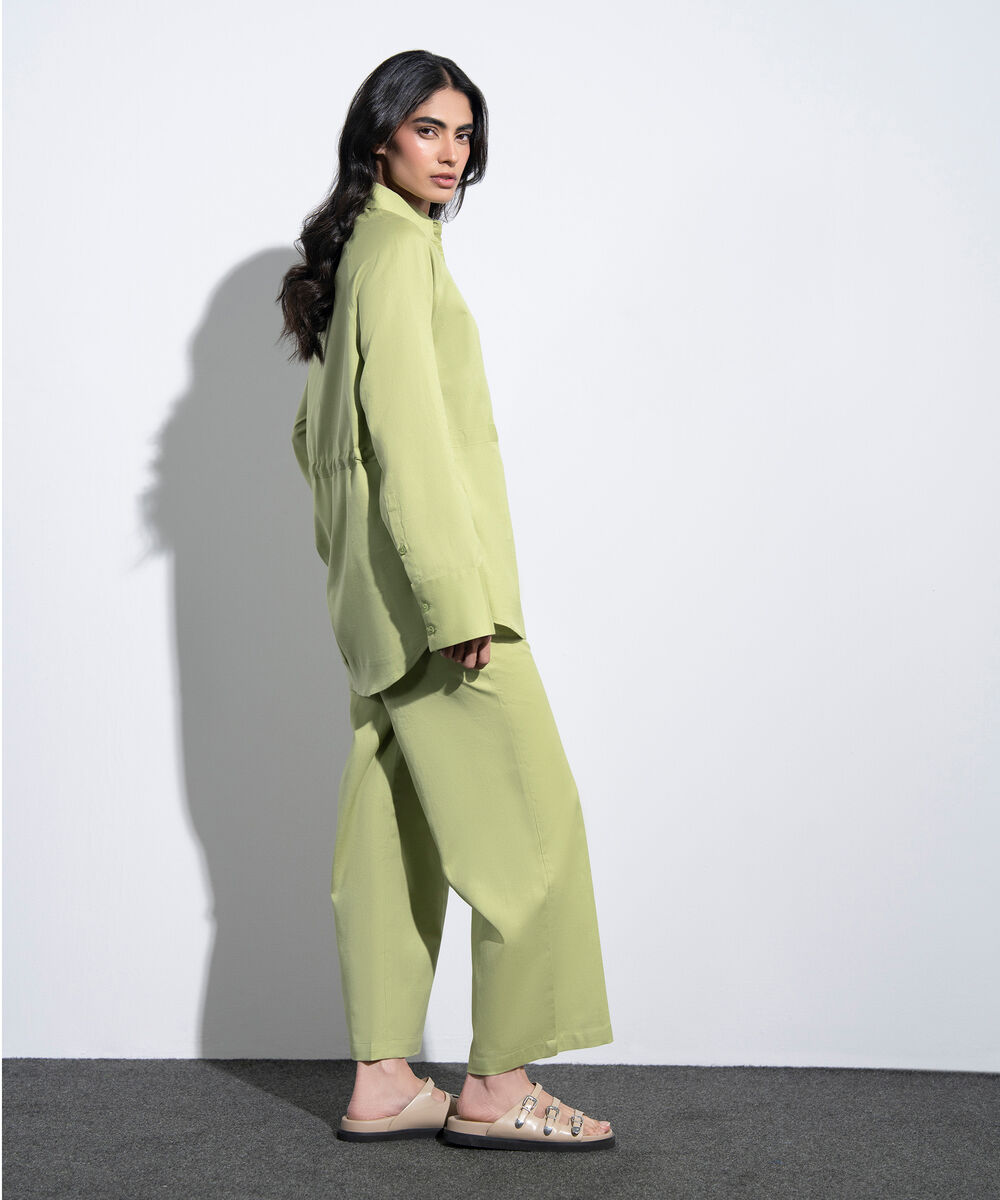 Women's Western Green Linen Blend Shirt With Waist Drawcord