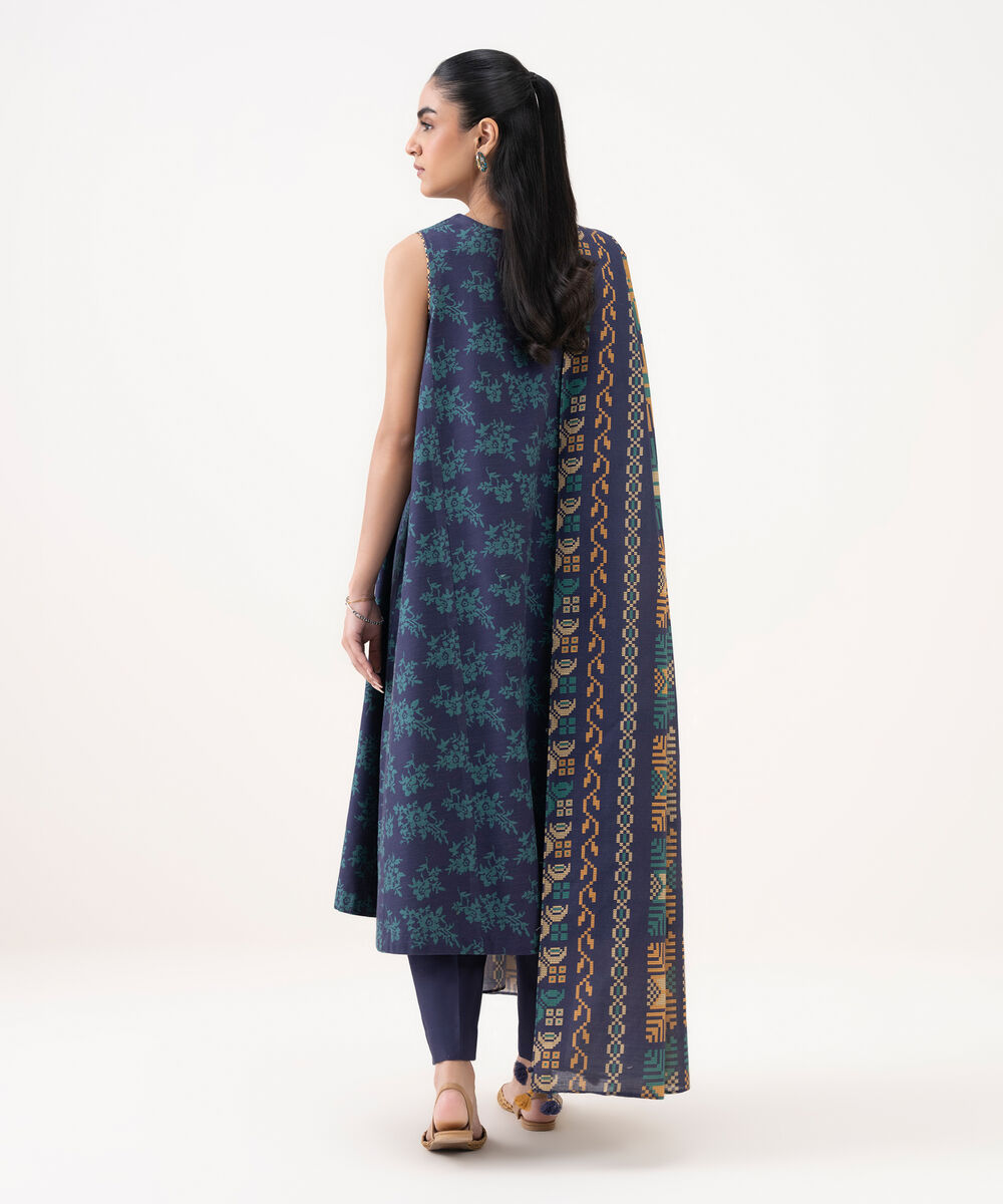 Women's Unstitched Khaddar Printed Blue 3 Piece Suit