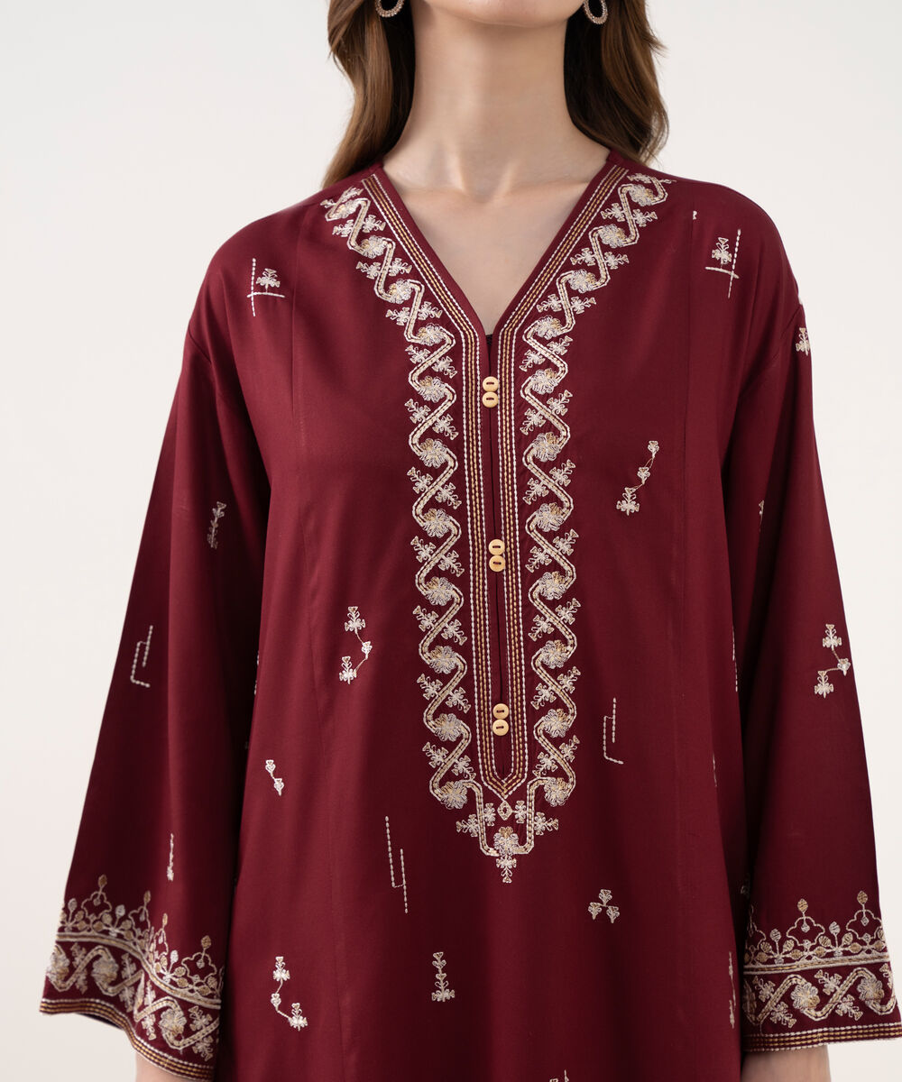 Women's RTW Viscose Marina Embroidered A-Line Red Shirt