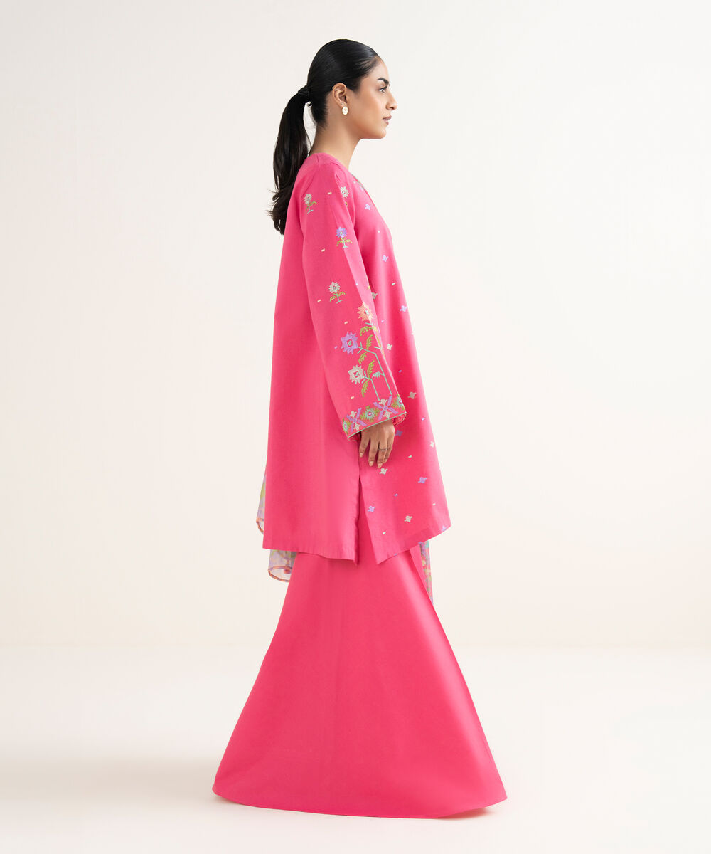 Women's Unstitched Cotton Viscose Embroidered Pink 3 Piece Suit