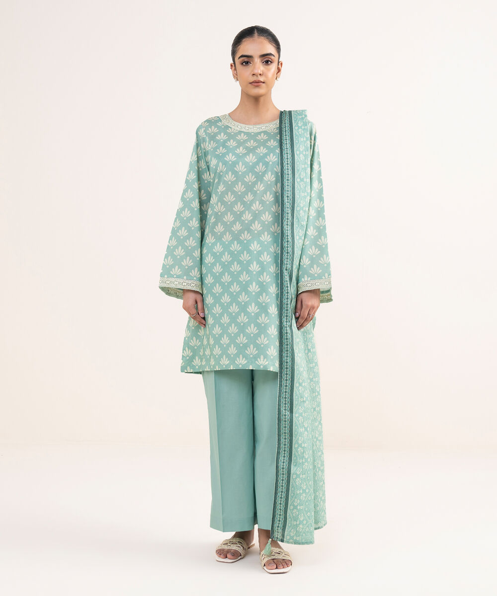 Women's RTW Lawn Teal Embroidered Straight Shirt