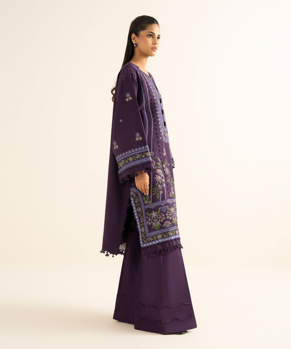 Women's Unstitched Dobby Embroidered Purple 3 Piece Suit