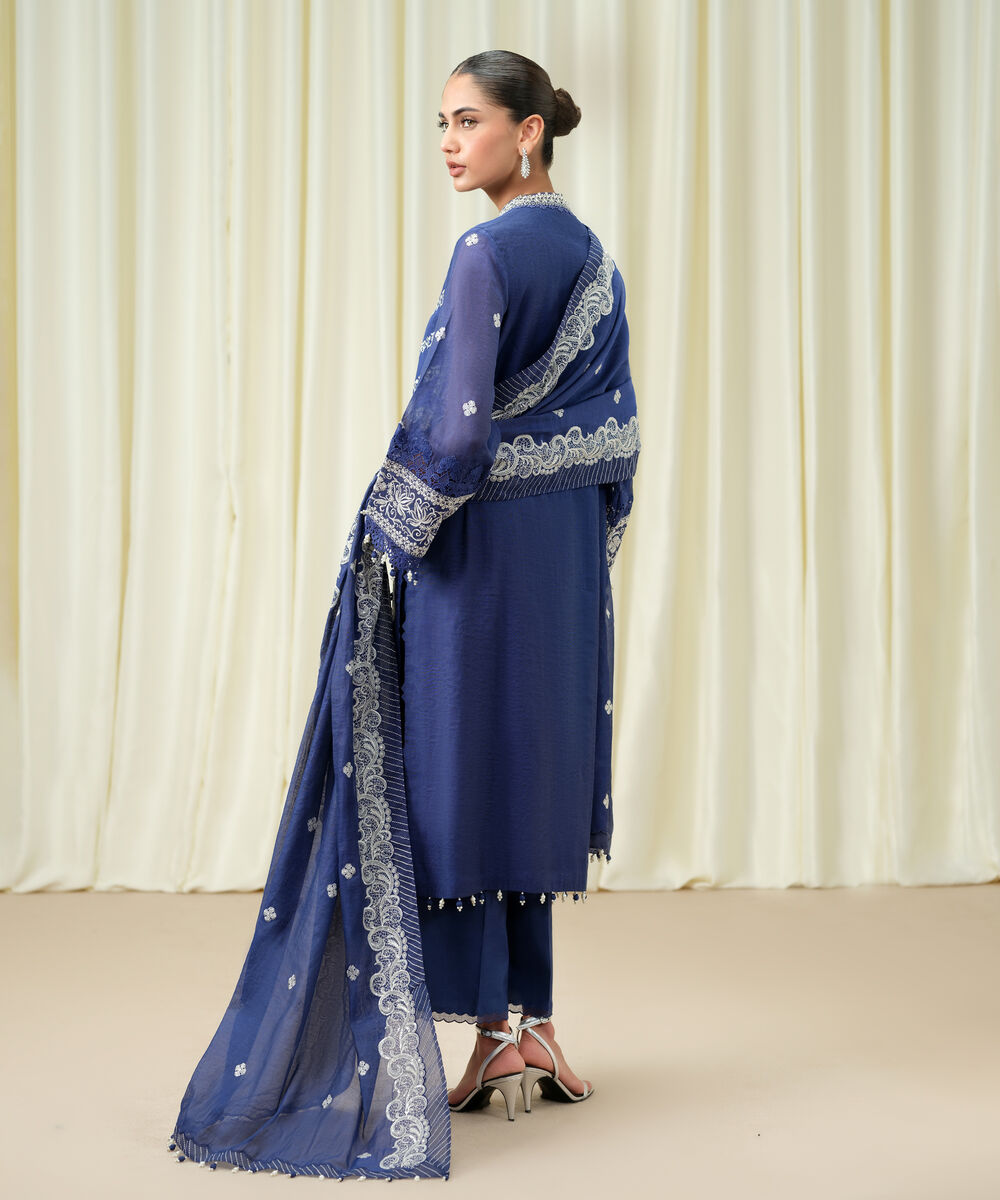 Women's Unstitched Muslin Embroidered Blue 3 Piece Suit