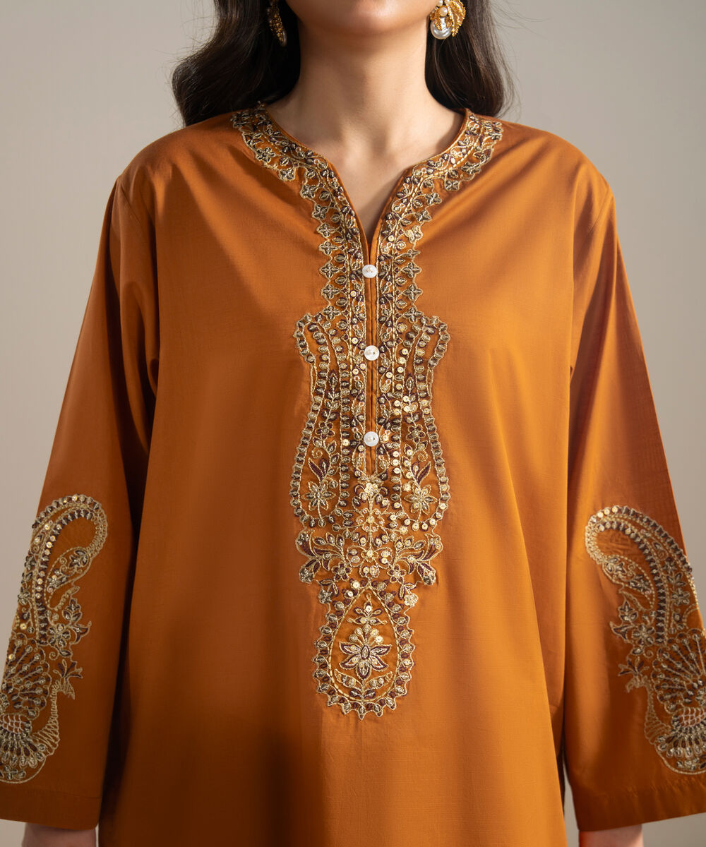 Women's RTW Slub Lawn Embroidered Brown Straight Shirt