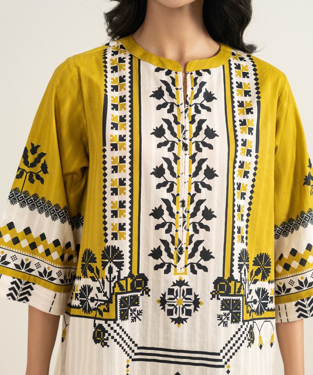 Women's RTW Textured Cotton Printed Mustard Yellow A-Line Shirt