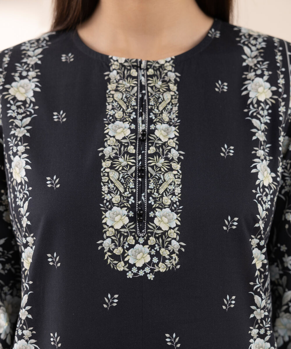 Women's RTW Cambric Black Printed A-Line Shirt