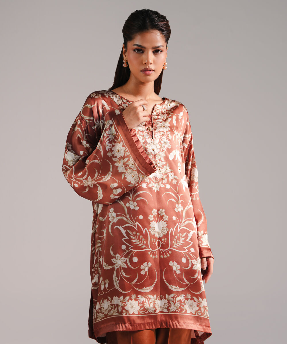 Women's RTW Blended Satin Printed Brown 2 Piece Suit