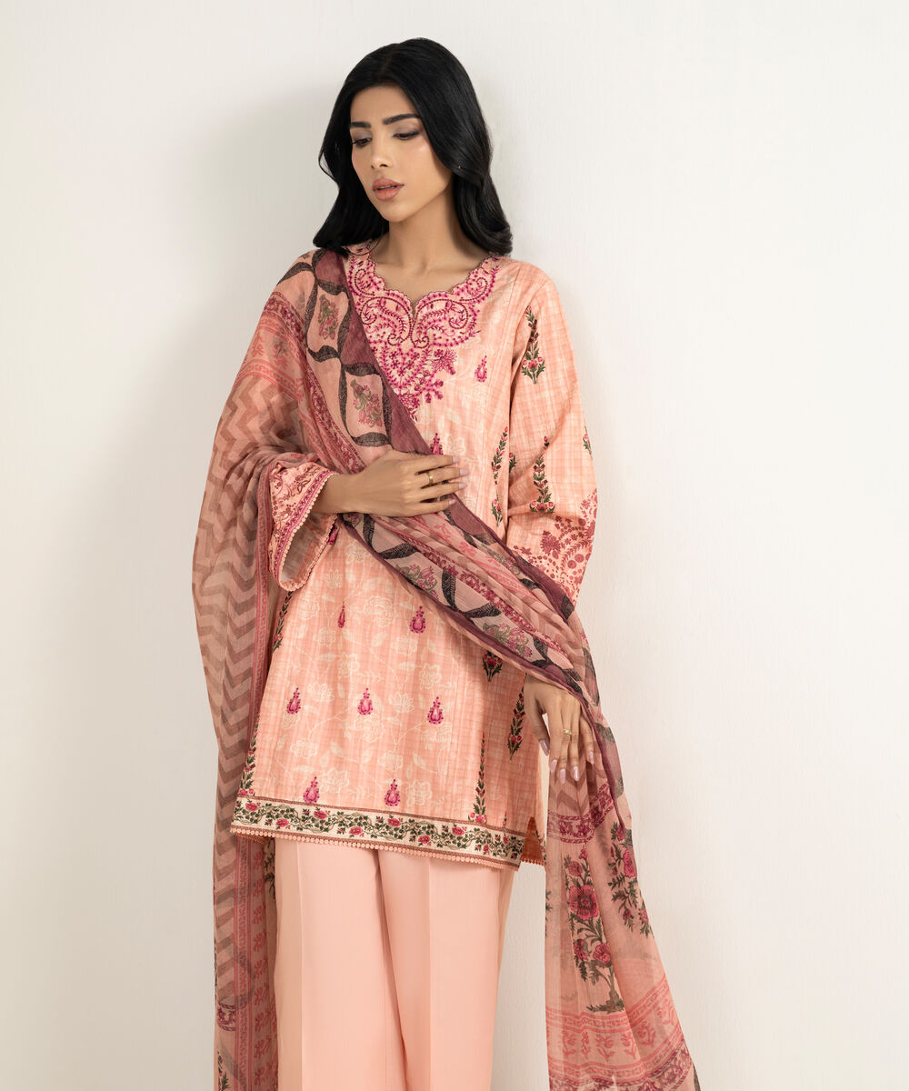 Women's RTW Cotton Embroidered Pink 3 Piece Suit
