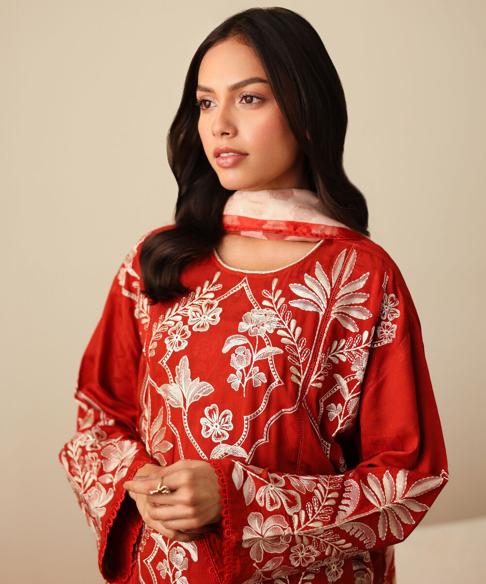 Women's RTW Arabic Self Jacquard Embroidered Orange Boxy Shirt