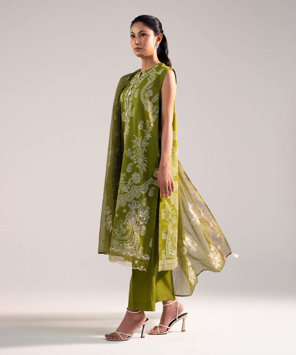 Women's Stitched for You Lawn Green Embroidered 3 Piece Suit