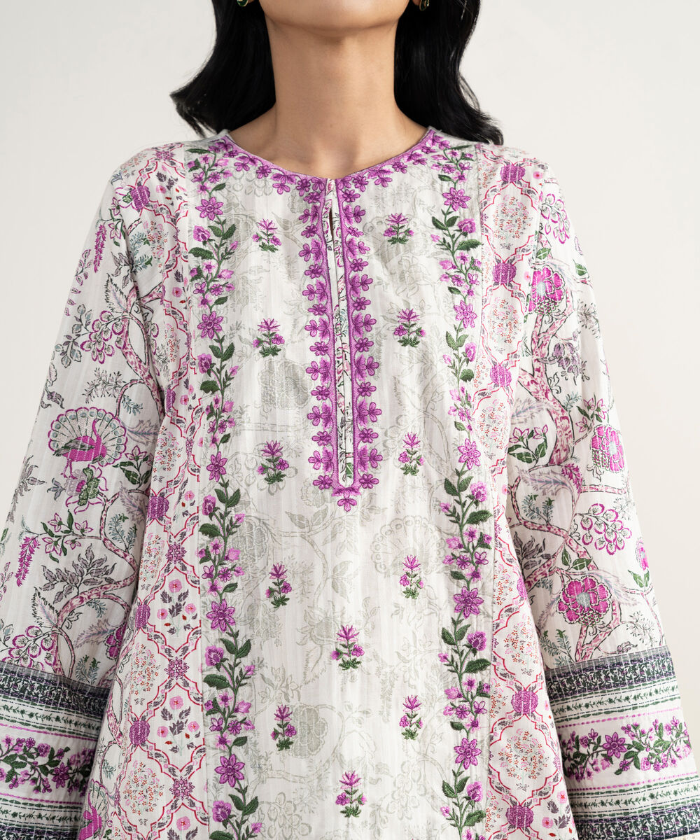 Women's RTW Cotton Embroidered Off White 3 Piece Suit