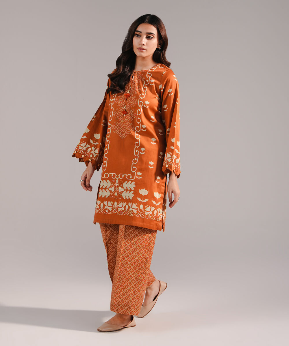 Women's RTW Cotton Satin Printed Brown Straight Shirt