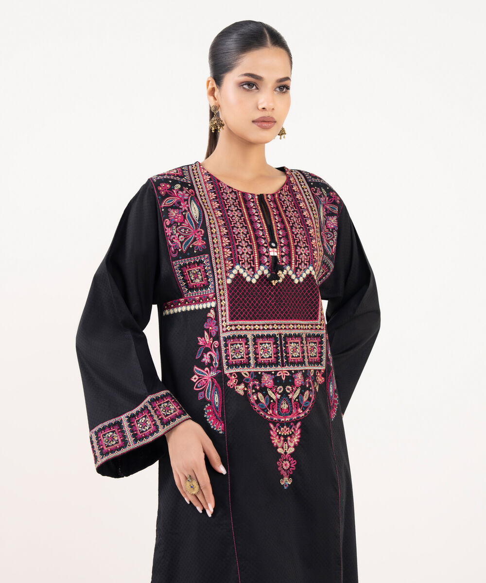 Women's RTW Textured Lawn Black Embroidered A-Line Shirt