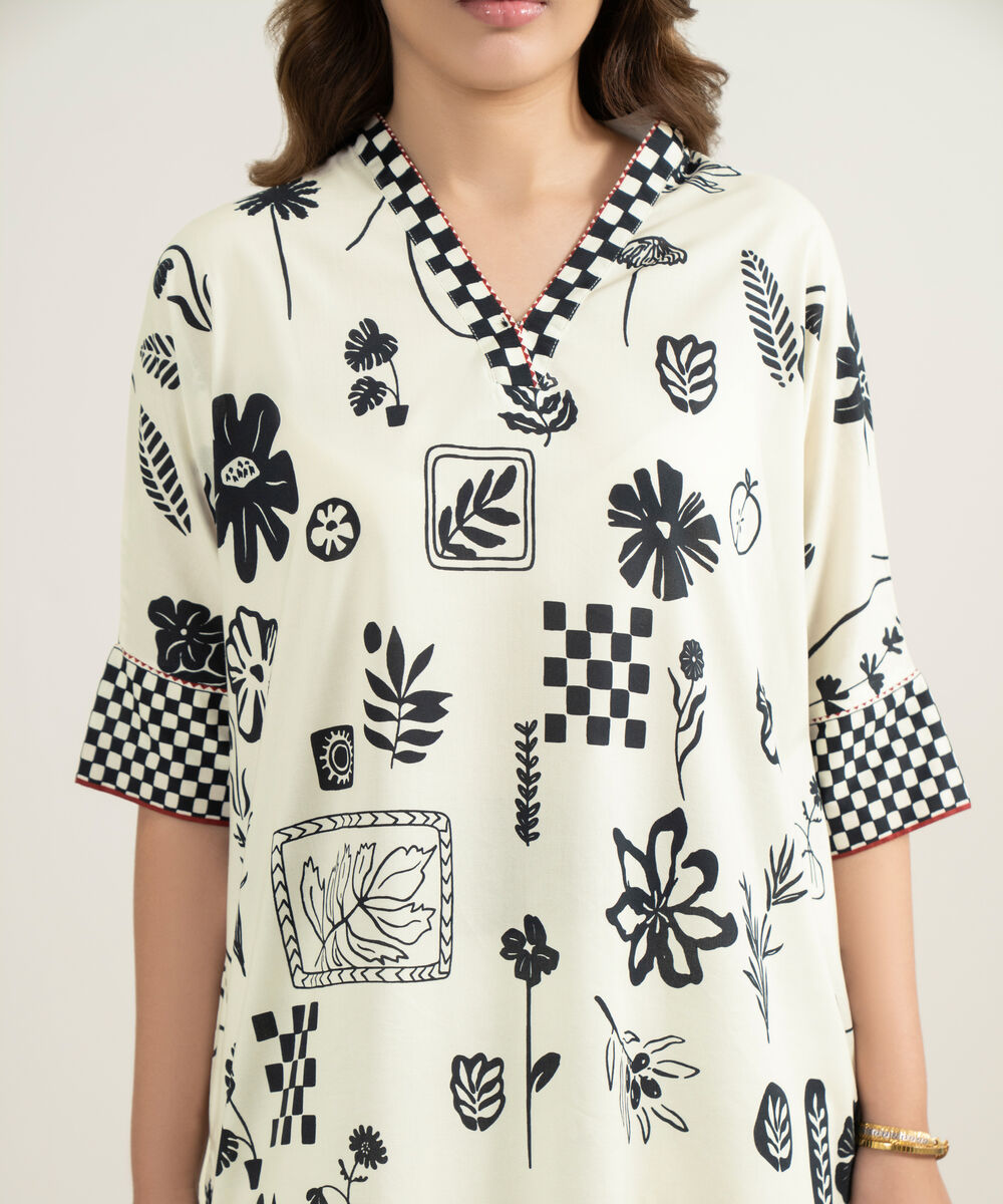Women's RTW Cotton Viscose Printed Off White Drop Shoulder Shirt