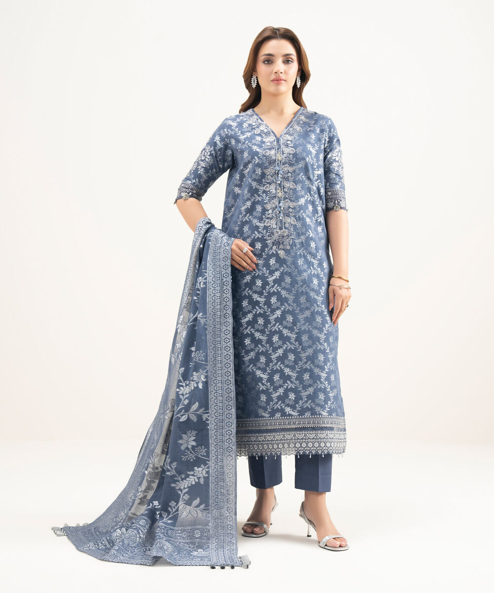 Women's Unstitched Extra Weft Jacquard Embroidered Blue 3 Piece Suit