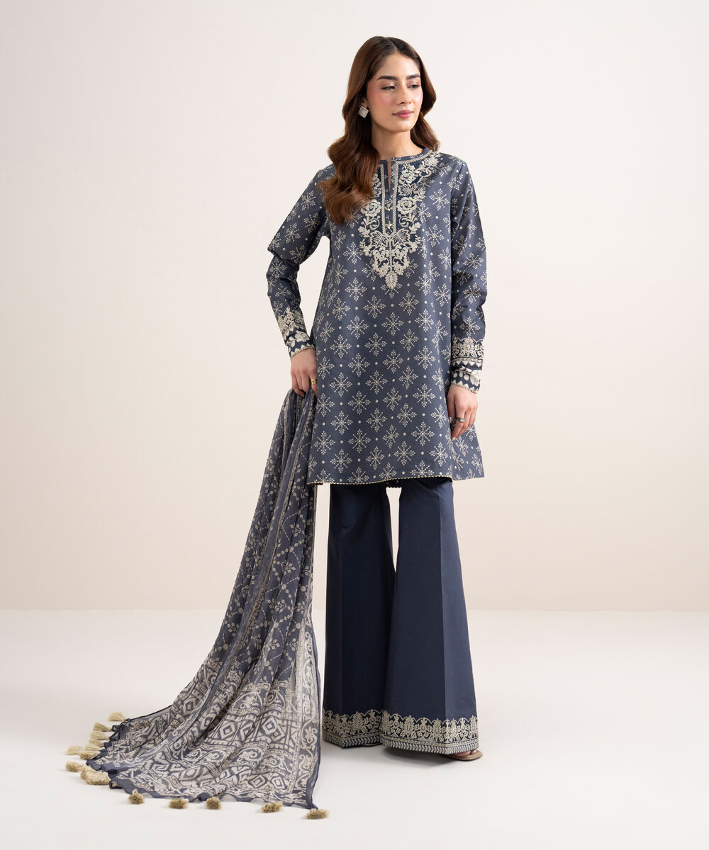 Women's Unstitched Lawn Embroidered Blue 3 Piece Suit