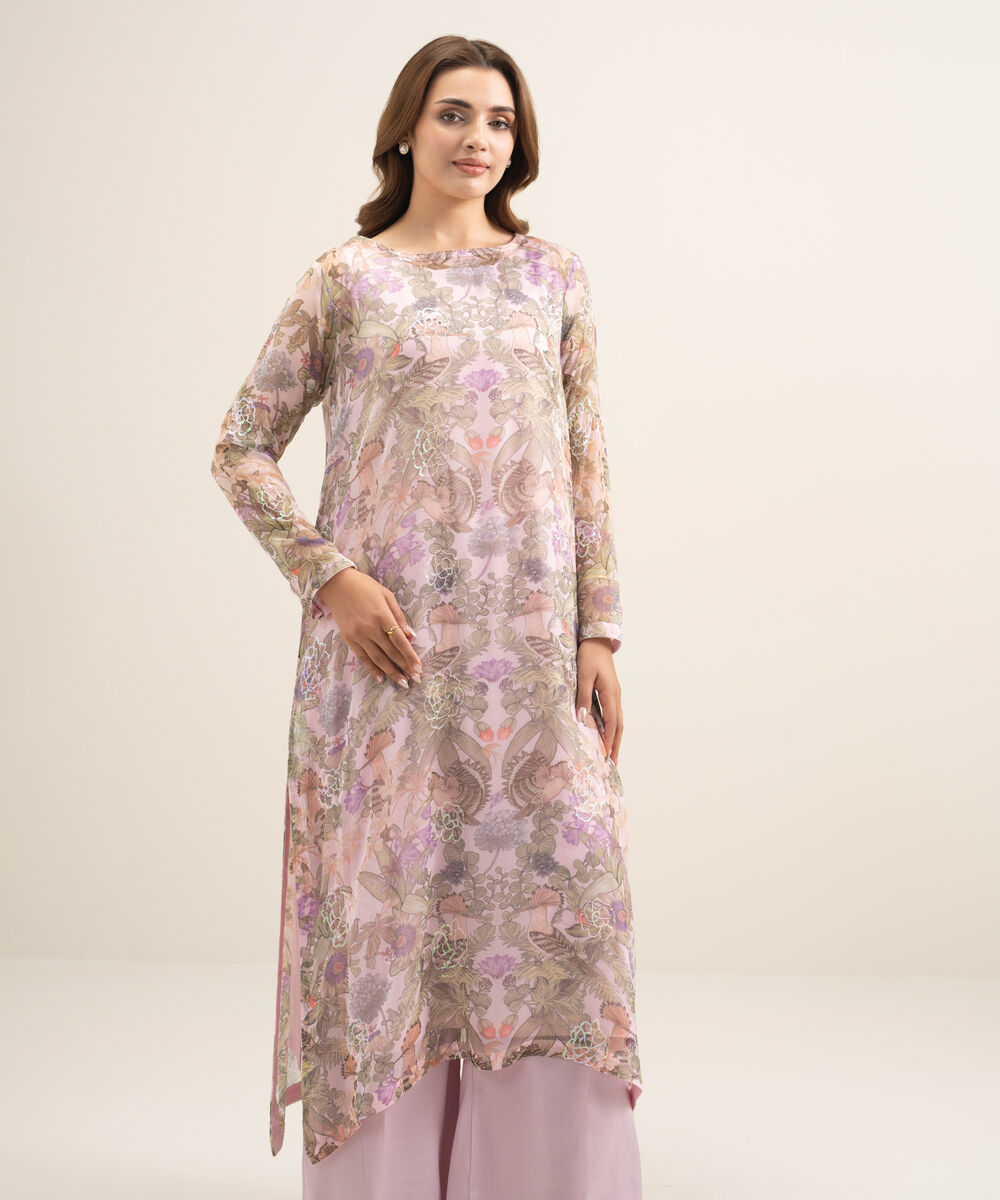 Women's RTW Blended Chiffon Embroidered Pink 2 Piece Suit