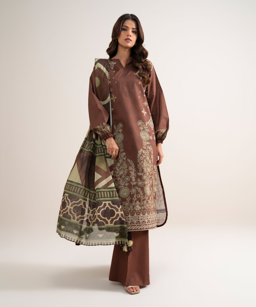 Women's Unstitched Printed Lawn Brown 3 Piece Suit
