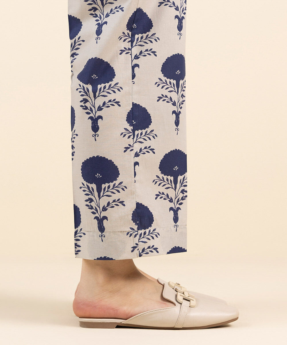 Woman - Blue Printed Cambric Straight Pants