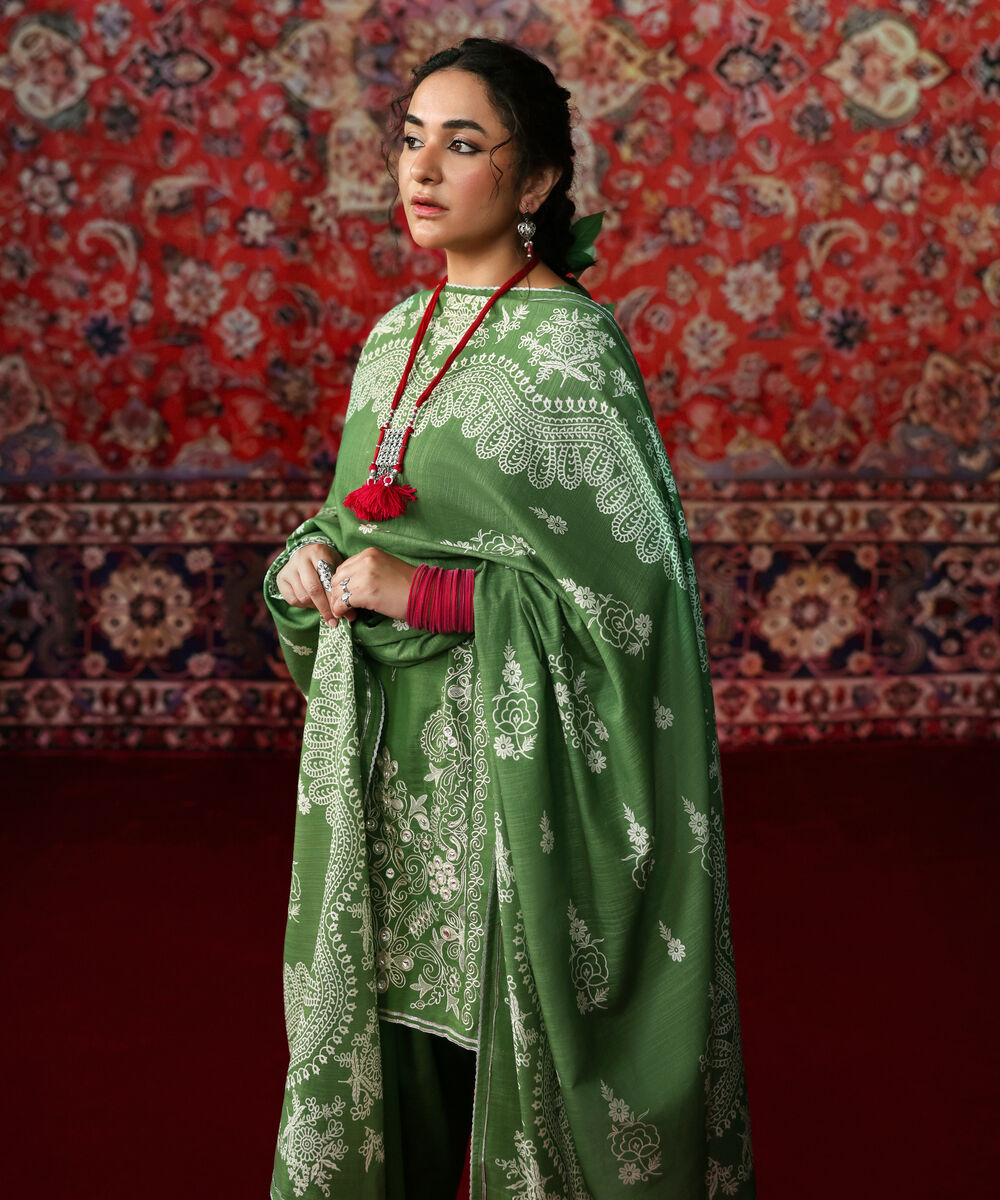 Women's Unstitched Cotton Embroidered Green 3 Piece Suit